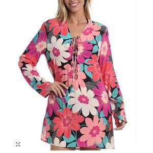 LA BLANCA Tunic Long Sleeve Swim Cover-Up Floral Swim Dress w/Pockets XS NWT